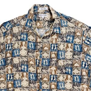 VTG Pierre Cardin Men's Large 100% Rayon Tropical Tiki Block Print Camp Shirt